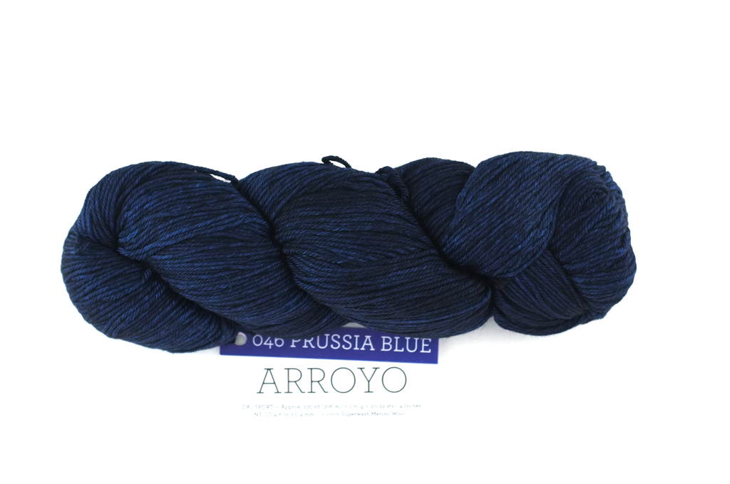 Malabrigo Arroyo in color Prussia Blue, Sport Weight Merino Wool Knitting Yarn, dark ultramarine blue, #046 from Purple Sage Yarns
