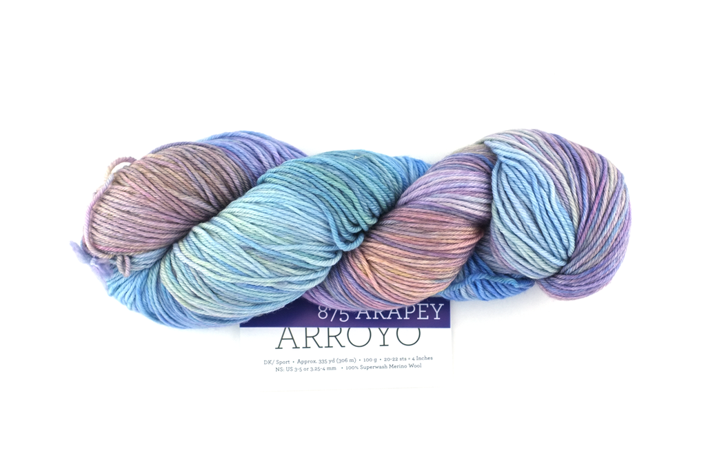 Arroyo in color Arapey, Sport Weight Merino Wool Knitting Yarn, pastel blues, lilac, #875 from Purple Sage Yarns