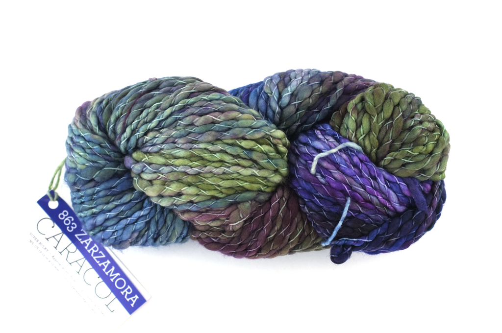 Malabrigo Caracol in color Zarzamora, #863, bulky thick and thin superwash merino knitting yarn in dark purple, olive from Purple Sage Yarns