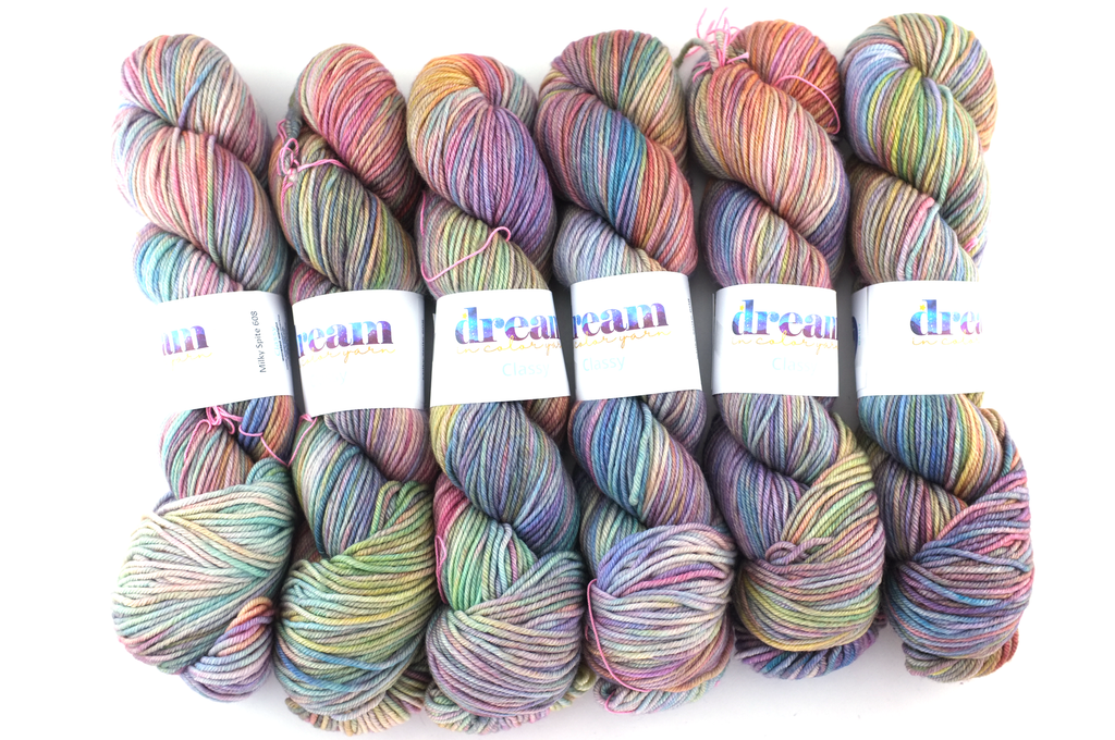 Dream in Color Classy color Milky Spite 608, worsted weight superwash wool knitting yarn, pale rainbow, blues, lilac, yellow, teals