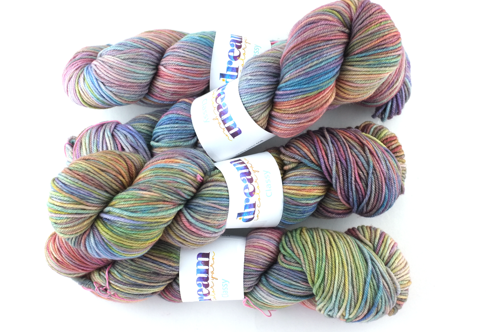 Dream in Color Classy color Milky Spite 608, worsted weight superwash wool knitting yarn, pale rainbow, blues, lilac, yellow, teals