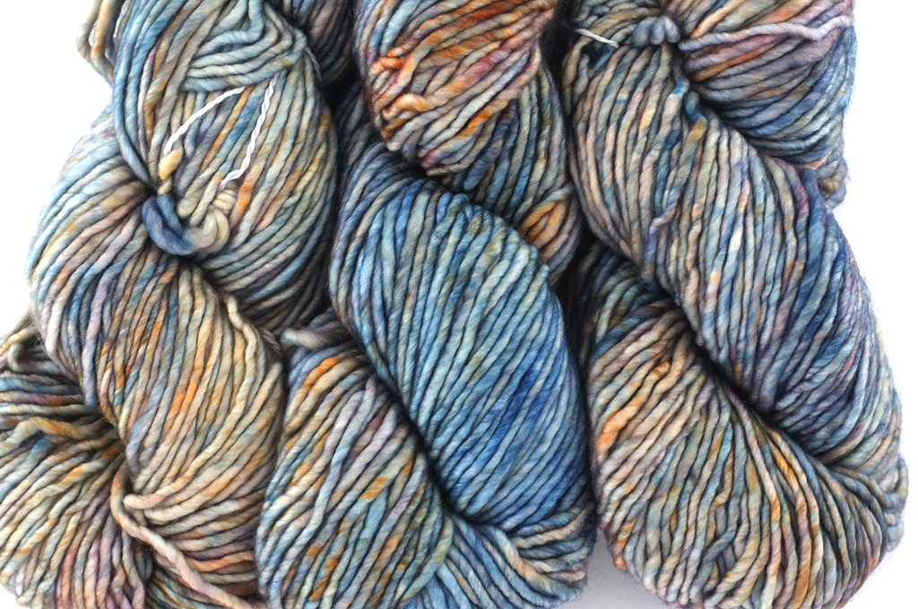 Malabrigo Mecha in color Hannah, Bulky Weight Merino Wool Knitting Yarn, blues, orange, peach, #335 from Purple Sage Yarns
