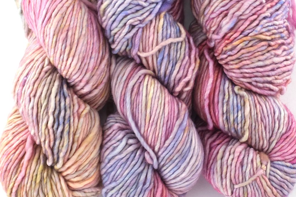 Malabrigo Mecha in color Rosalinda, Merino Wool Bulky Weight Knitting Yarn, pastel pinks, peaches, #398 from Purple Sage Yarns