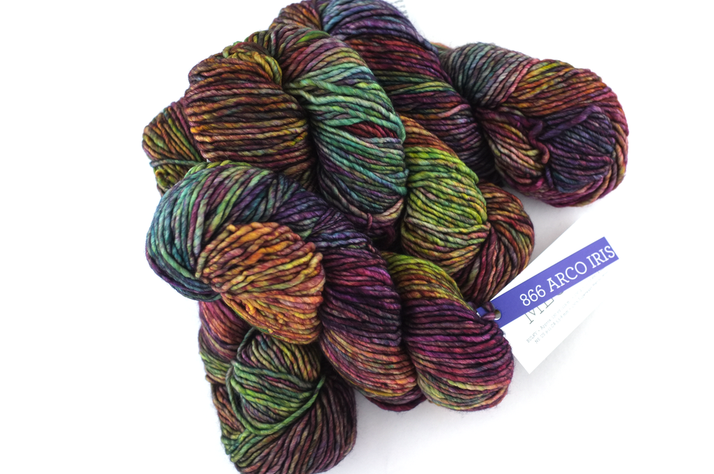 Malabrigo Mecha in color Arco Iris, Bulky Weight Merino Wool Knitting Yarn, dark rainbow shades, #866