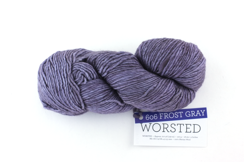 Malabrigo Merino Worsted yarn, color Frost Gray, 606, medium purple-gray