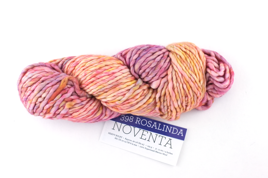 Malabrigo Noventa in color Rosalinda, Merino Wool Super Bulky Knitting Yarn, machine washable, pastel pinks, peaches, #398 from Purple Sage Yarns