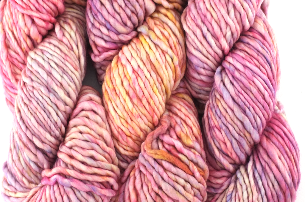 Malabrigo Noventa in color Rosalinda, Merino Wool Super Bulky Knitting Yarn, machine washable, pastel pinks, peaches, #398 from Purple Sage Yarns