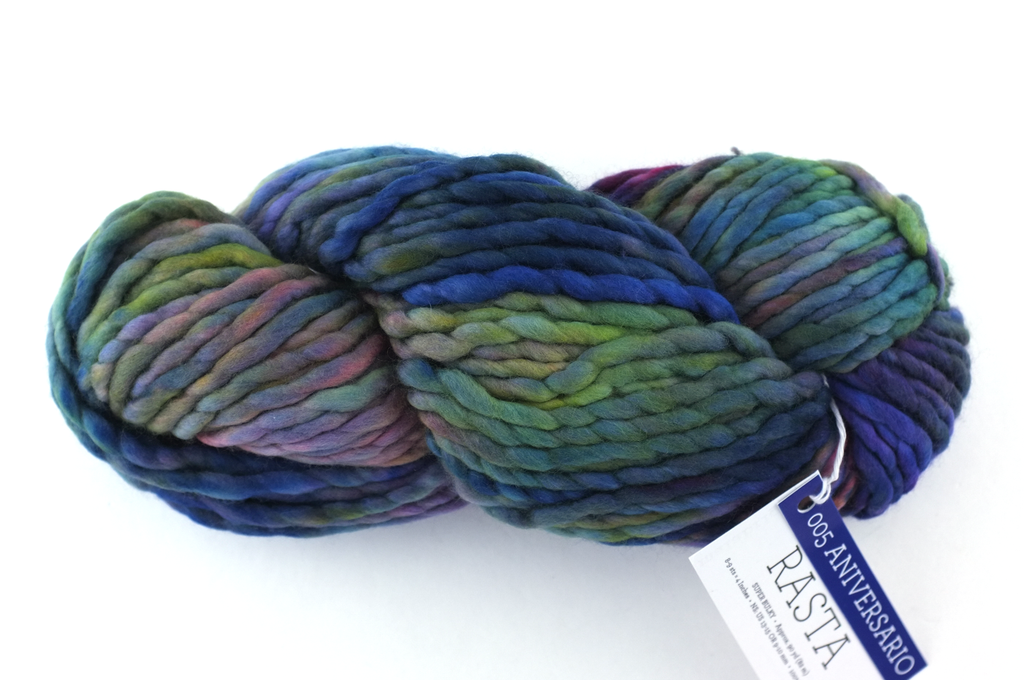 Malabrigo Rasta in color Aniversario, Super Bulky Merino Wool Knitting Yarn, blues, reds, red-violet, purples, #005 from Purple Sage Yarns