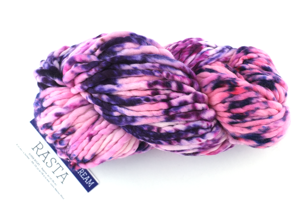 Malabrigo Rasta in color Blueberry Cream, Super Bulky Merino Wool Knitting Yarn, magenta, purple, off-white, #177 from Purple Sage Yarns