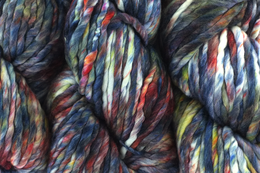Malabrigo Rasta in color Candy Cane, Super Bulky Merino Wool Knitting Yarn, red, blue, gray, #198 from Purple Sage Yarns