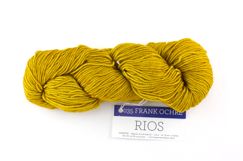 Malabrigo Rios in color Frank Ochre, Worsted Weight Superwash Merino Wool Knitting Yarn, rich ochre yellow, #035 from Purple Sage Yarns