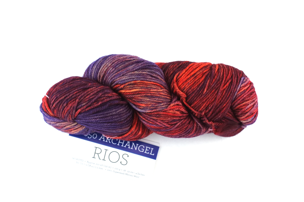 Malabrigo Rios in color Archangel, Worsted Weight Superwash Merino Wool Knitting Yarn, purple, vermilion, #850