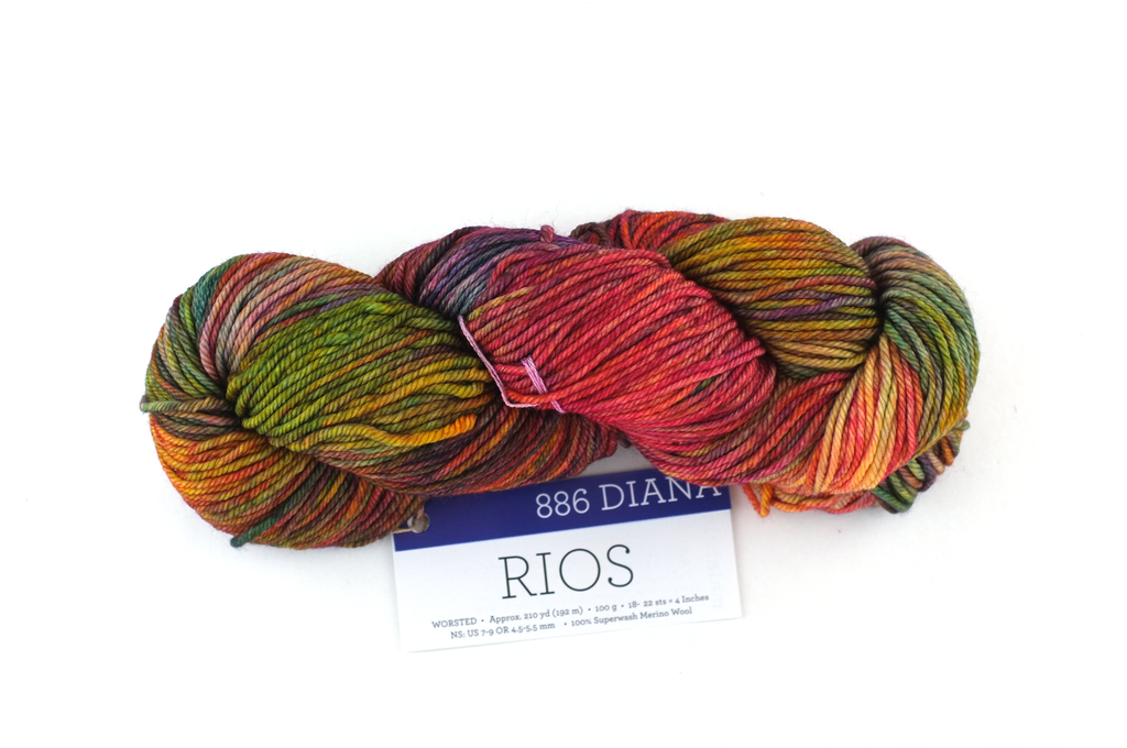 Malabrigo Rios in color Diana, merino wool worsted weight knitting yarn, red, green, chestnut, #886