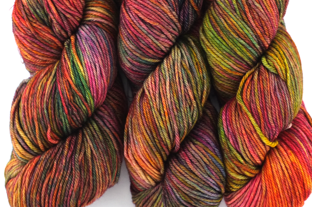 Malabrigo Rios in color Diana, merino wool worsted weight knitting yarn, red, green, chestnut, #886