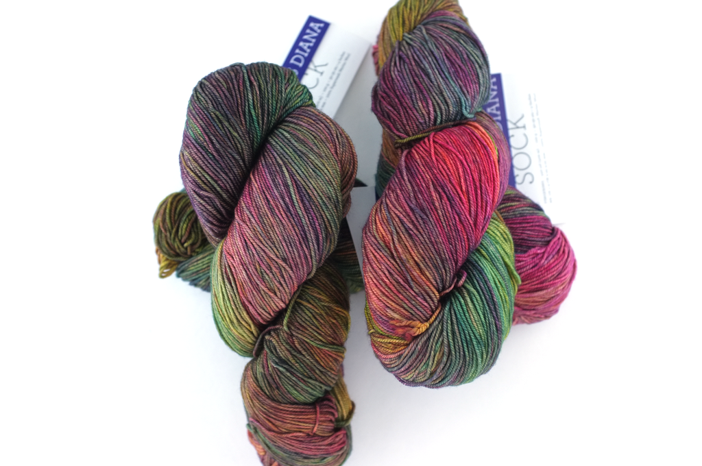 Malabrigo Sock in color Diana, Fingering Weight Merino Wool Knitting Yarn, greens, orange, reds, #886