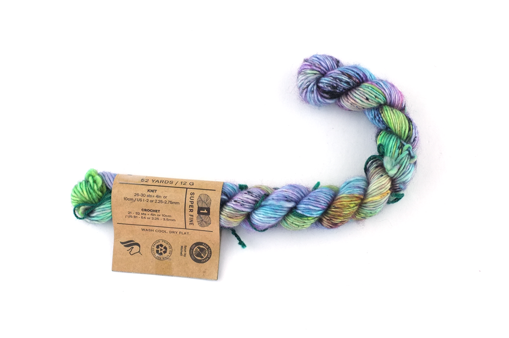 Unicorn Tails by Madeline Tosh, Electric Rainbow, teals, yellows, superwash fingering mini-skein yarn