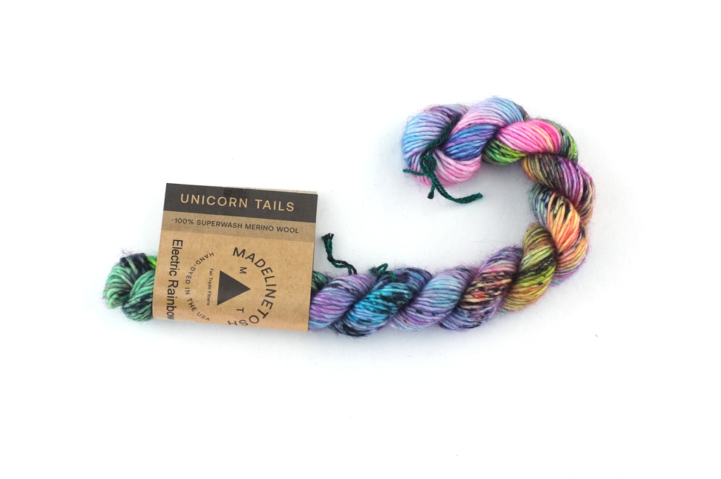 Unicorn Tails by Madeline Tosh, Electric Rainbow, teals, yellows, superwash fingering mini-skein yarn