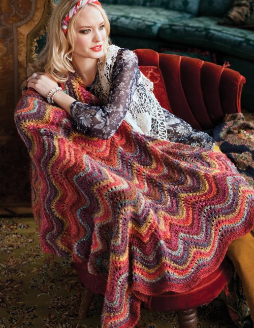 Feather and Fan lace blanket with Noro Silk Garden free digital knitting pattern