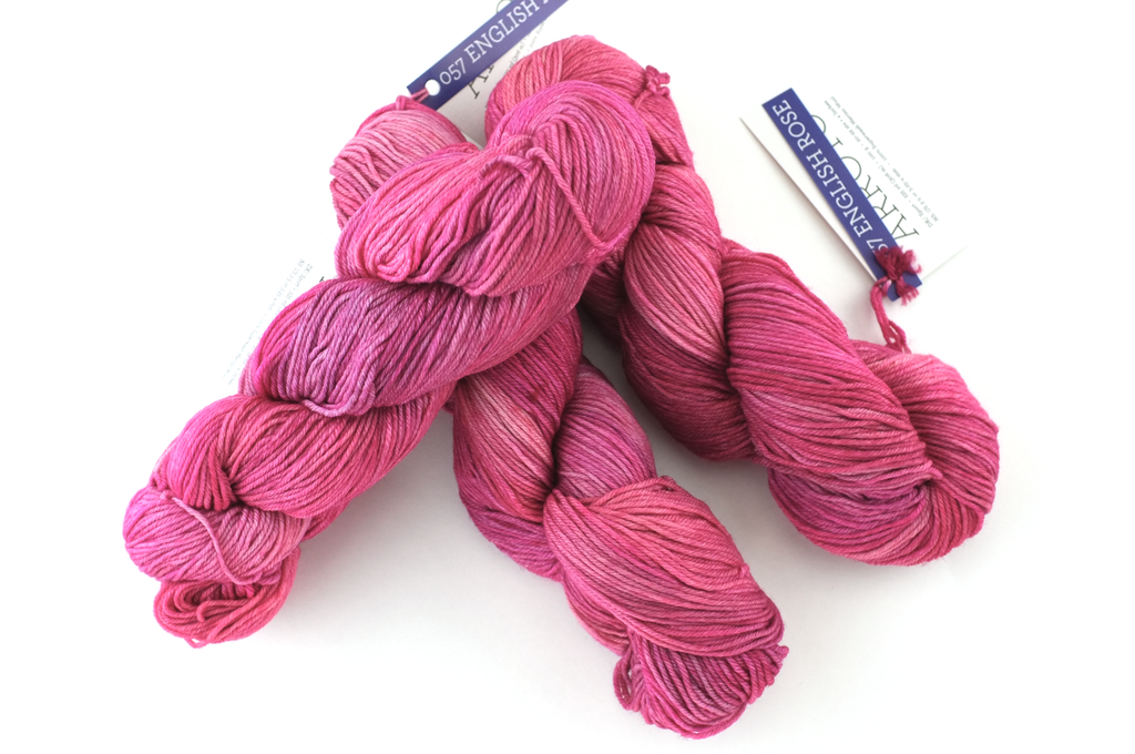 Malabrigo Arroyo in color English Rose, Sport Weight Merino Wool Knitting Yarn, semi-solid bright pink, #057 - Purple Sage Yarns