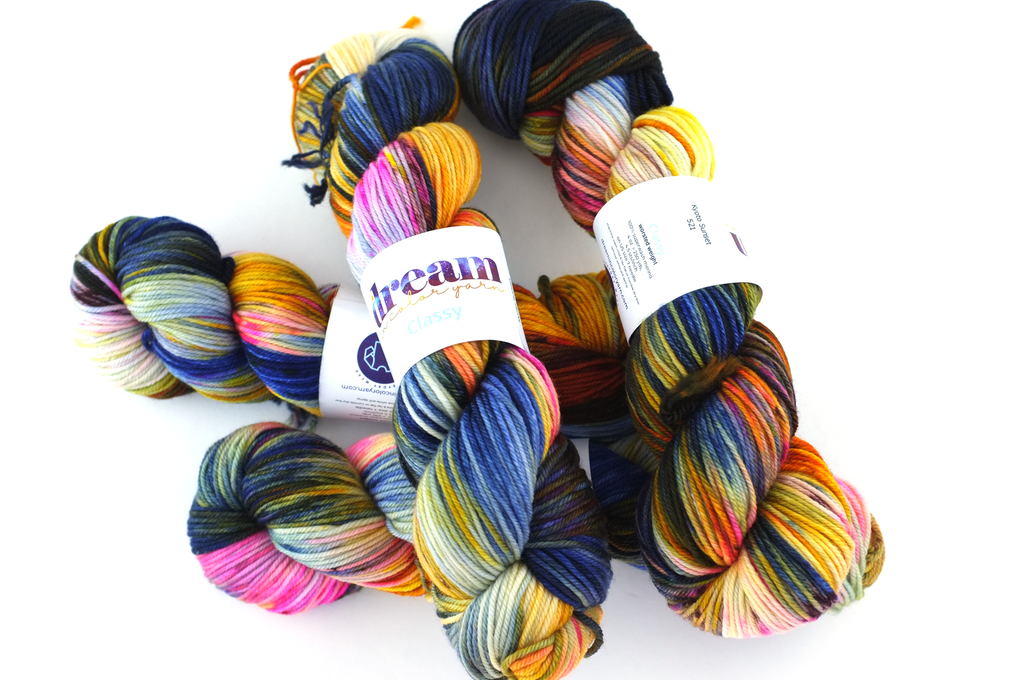 Dream in Color Classy, color Kyoto Sunset 521, navy, neon pinks, dandelion, worsted weight yarn