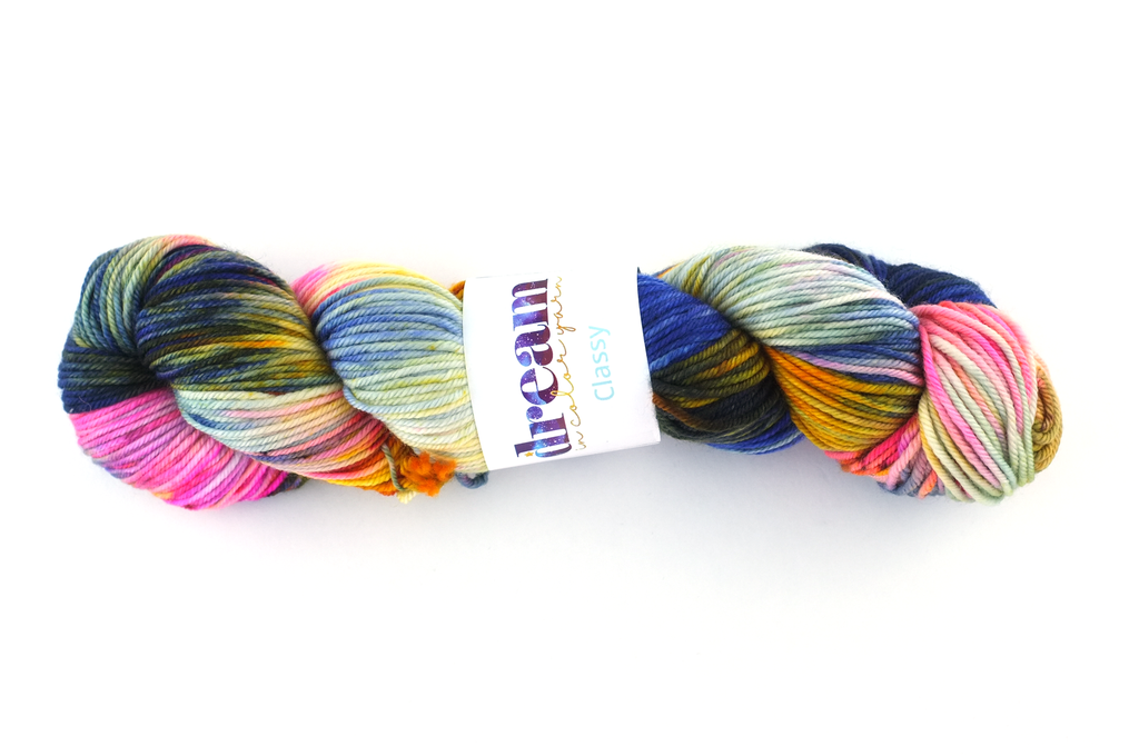 Dream in Color Classy, color Kyoto Sunset 521, navy, neon pinks, dandelion, worsted weight yarn