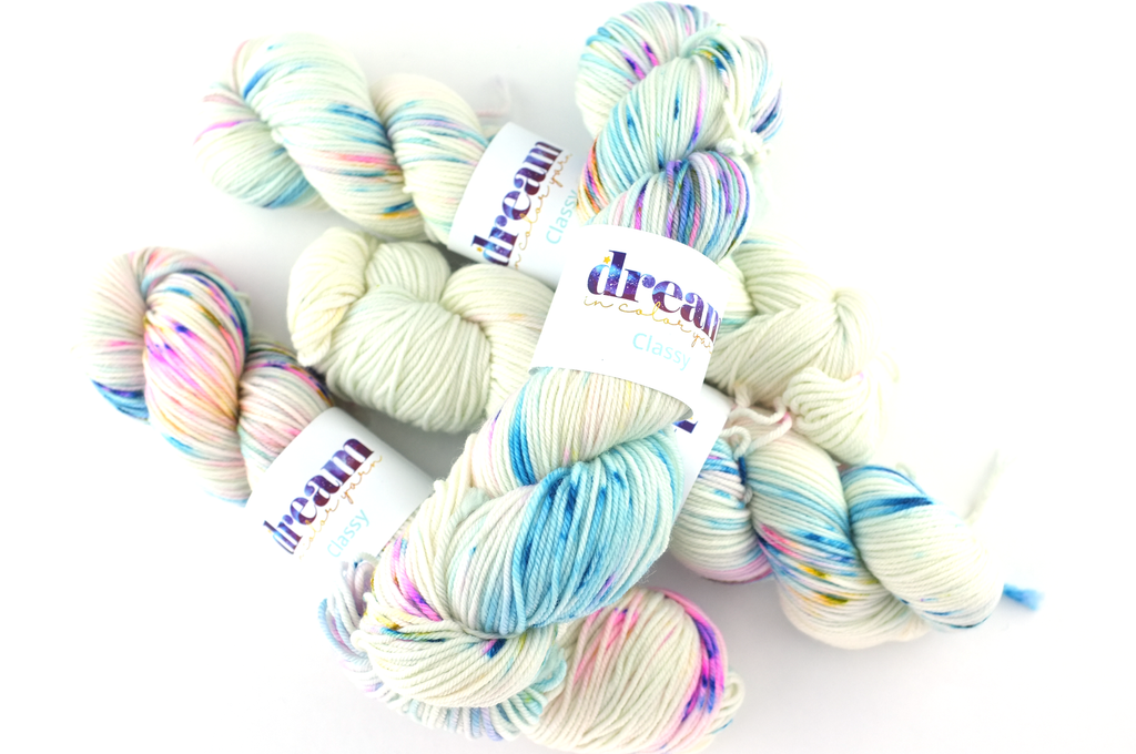 Dream in Color Classy color Blanchefleur 525, splotchy pink, purple on off-white, worsted weight yarn