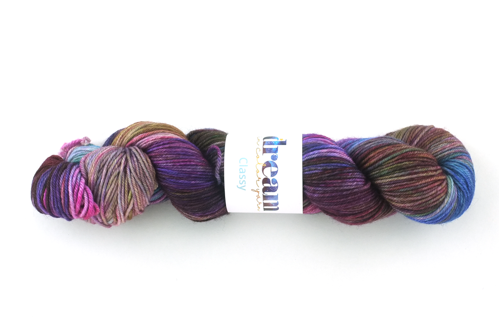 Dream in Color Classy color My Fair Lady 910, worsted weight superwash wool knitting yarn, purple, brown, blue, pink