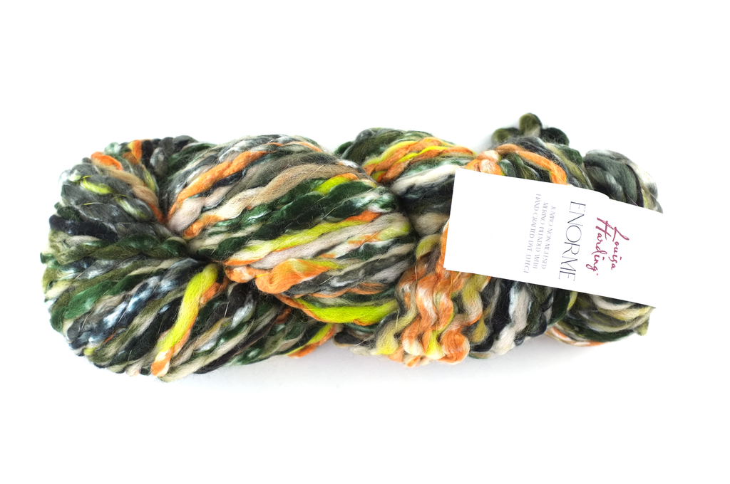 Super Bulky weight Enorme in Monolith 03, greens, black. orange, wool blend yarn by Louisa Harding