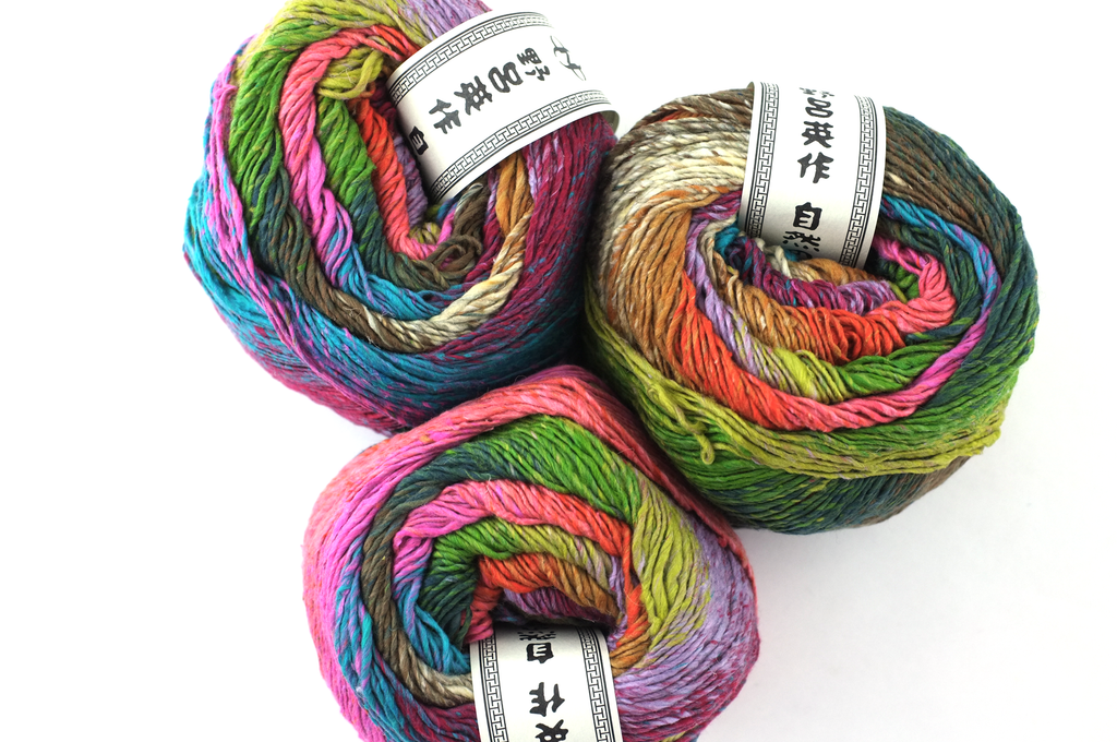 Noro Haruito, silk-cotton yarn, worsted weight, hot pink, greens, dragon skeins, col 02
