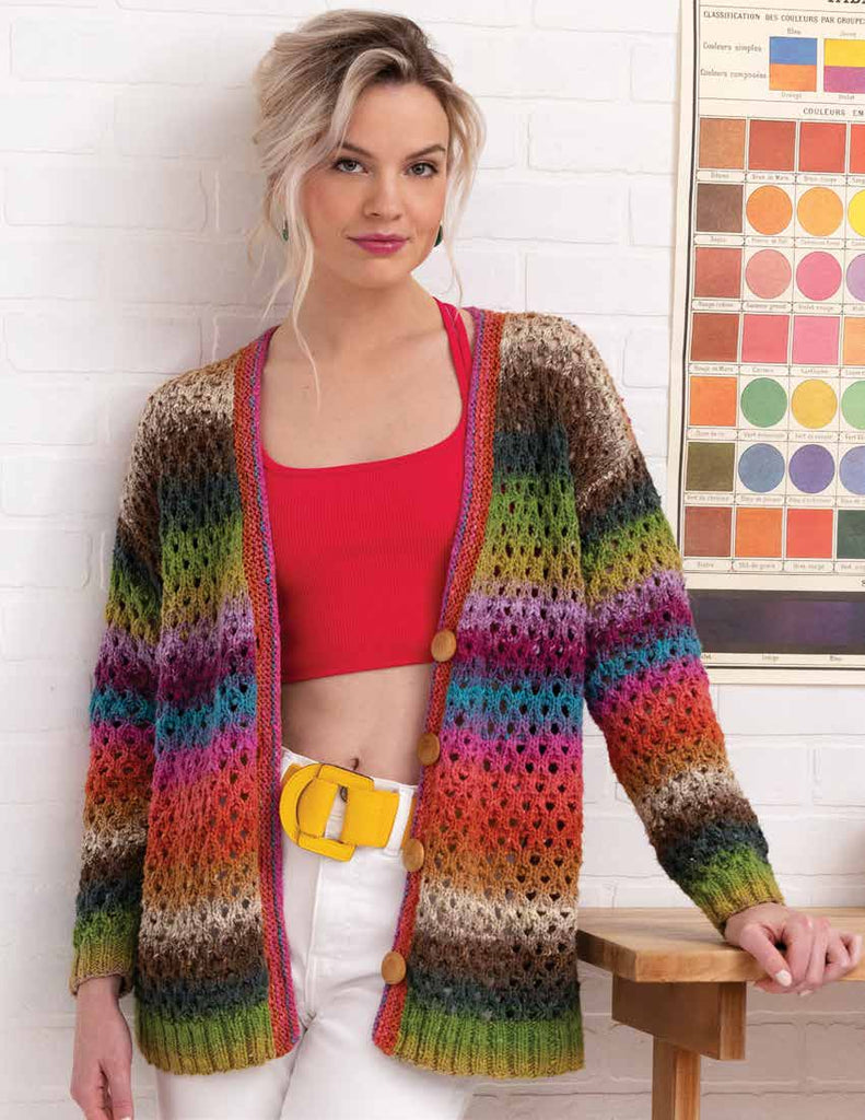 Spectra Cardigan, made with Noro Haruito, free digital knitting pattern download