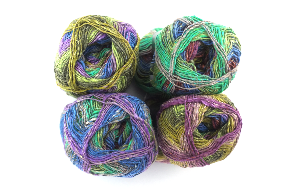 Noro Silk Garden Sock Color S213, wool silk mohair sport weight yarn, blue, olive, magenta
