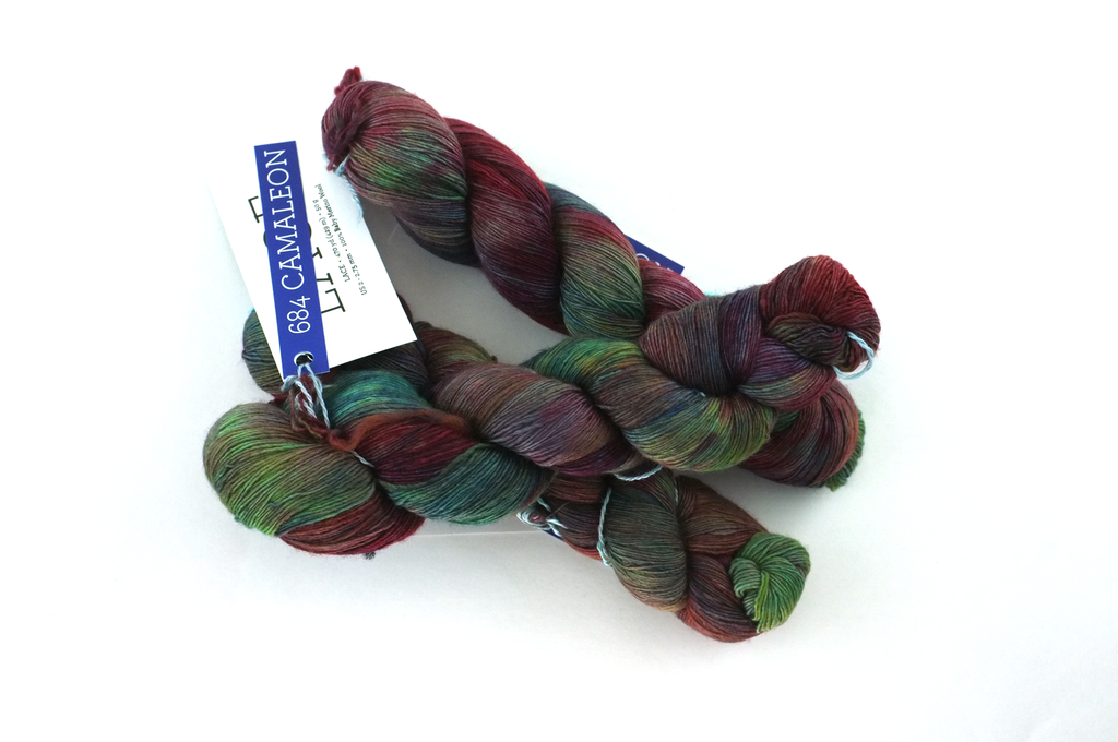 Malabrigo Lace in color Camaleon, Lace Weight Merino Wool Knitting Yarn, greens, blues, rose, #684 - Purple Sage Yarns