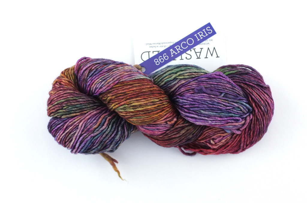 Malabrigo Washted in color Arco Iris, Aran Weight Merino Superwash Wool Knitting Yarn, greens, purple, rose, #866 - Purple Sage Yarns