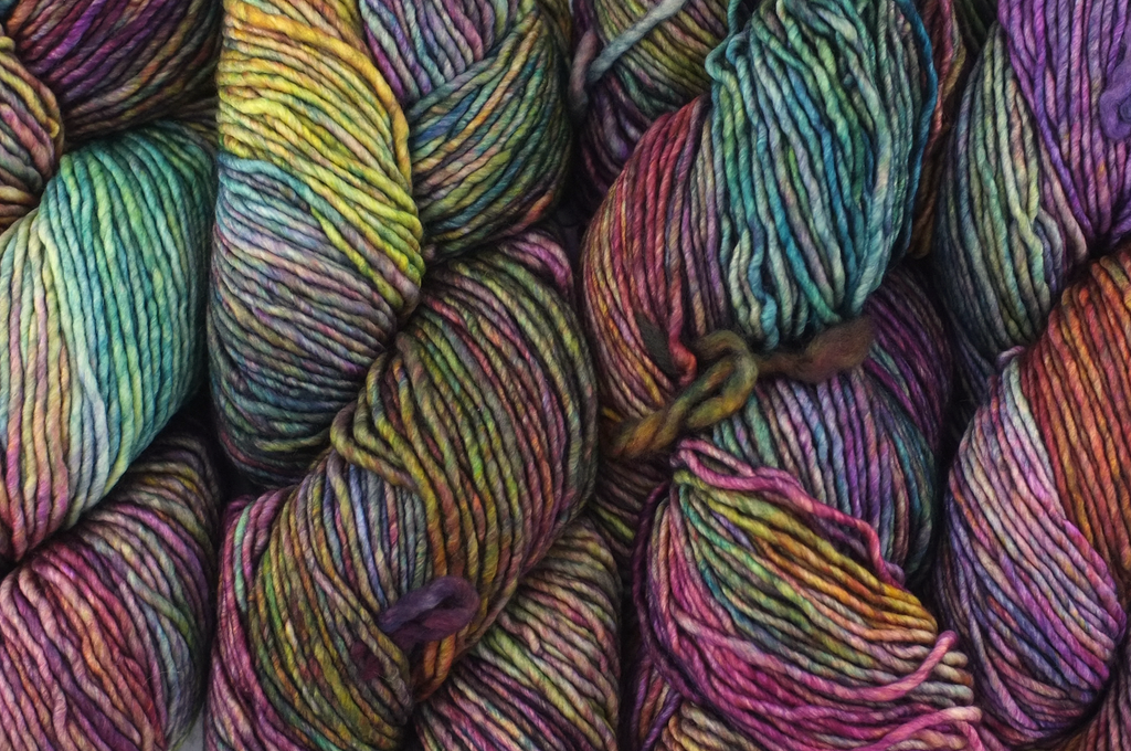 Malabrigo Washted in color Arco Iris, Aran Weight Merino Superwash Wool Knitting Yarn, greens, purple, rose, #866 - Purple Sage Yarns