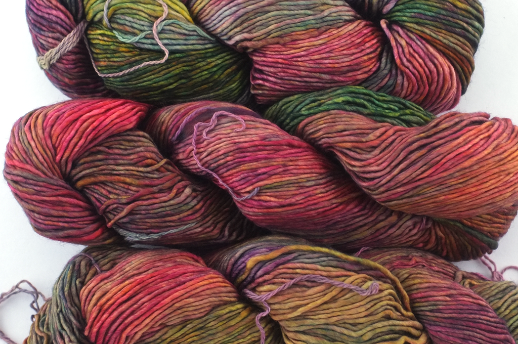 Malabrigo Washted in color Diana, Aran Weight Merino Superwash Wool Knitting Yarn, red, green, chestnut, #886 - Purple Sage Yarns