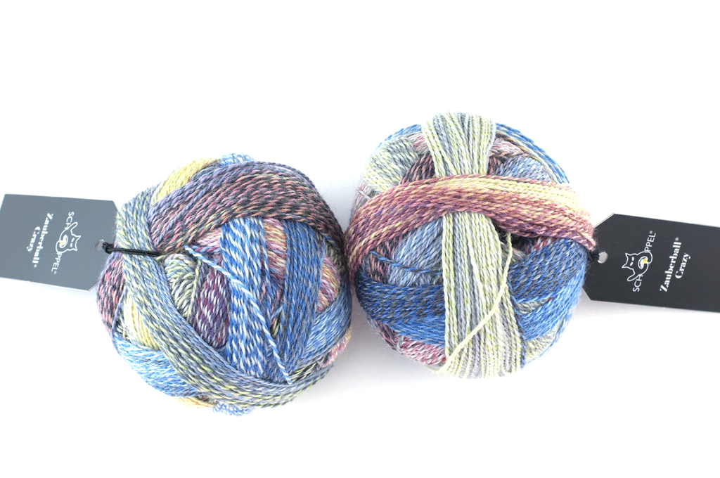 Crazy Zauberball, self striping sock yarn, color 2427 Blow Dry, fingering weight yarn, pale yellow, blues