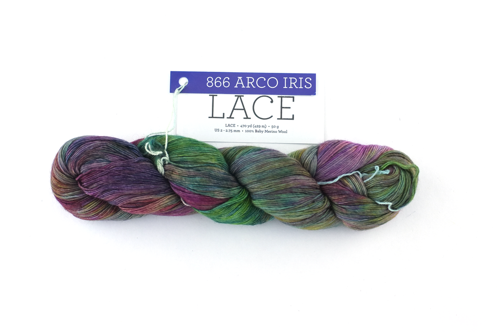 Malabrigo Lace in color Arco Iris, Lace Weight Merino Wool Knitting Yarn, raspberry, rose, green, #866 from Purple Sage Yarns