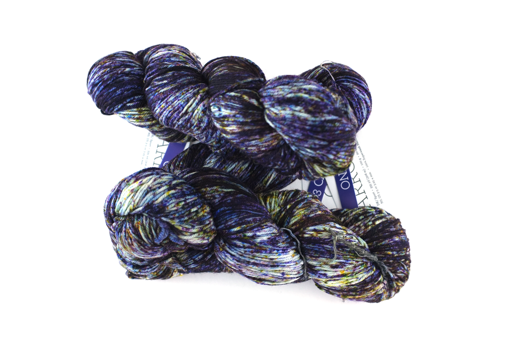 Malabrigo Arroyo in color Camino, Sport Weight Merino Wool Knitting Yarn, speckle dyed deep violet, yellow, #163