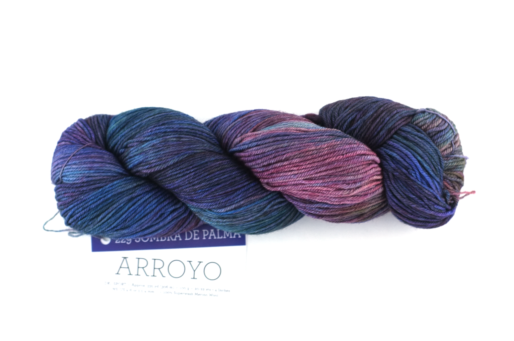 Arroyo in color Sombra de Palma, Sport Weight Merino Wool Knitting Yarn, dark blues, purples, #229 from Purple Sage Yarns