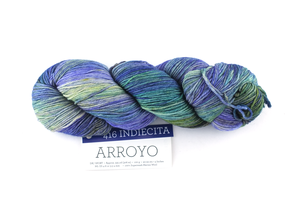 Malabrigo Arroyo in color Indiecita, Sport Weight Merino Wool Knitting Yarn, greens, blues, purples,#416 from Purple Sage Yarns