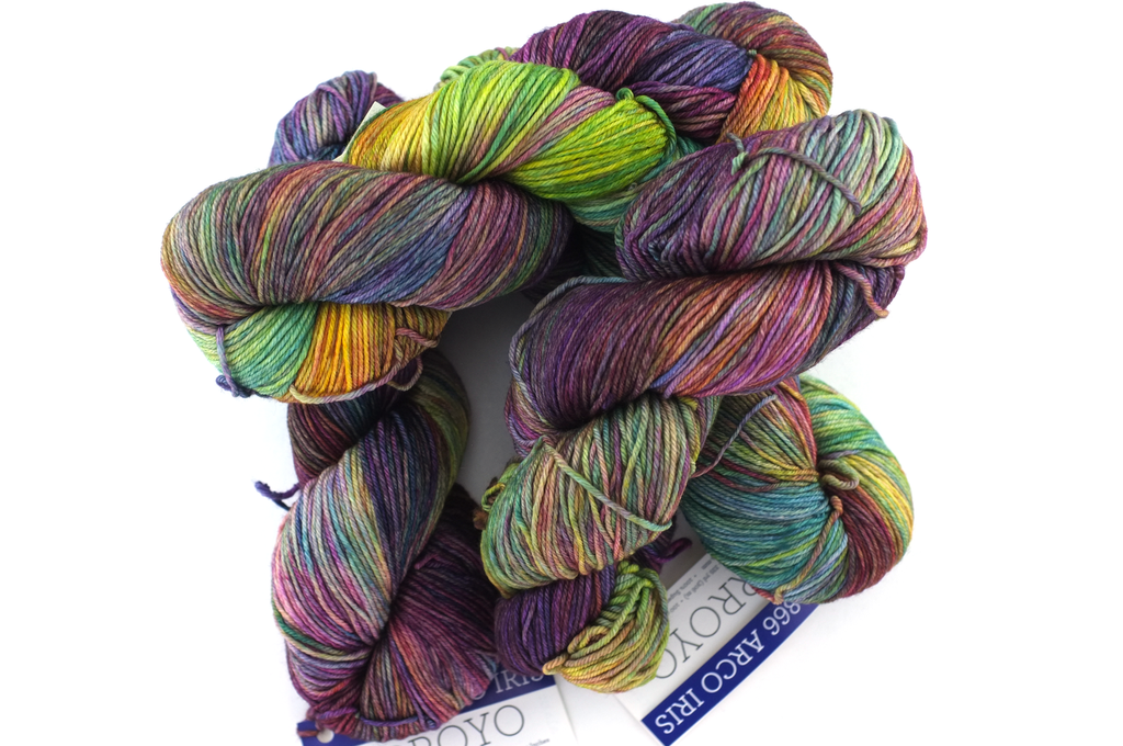 Malabrigo Arroyo in color Arco Iris, Sport Weight Merino Wool Knitting Yarn, rainbow, rose, purple, teal, #866 from Purple Sage Yarns