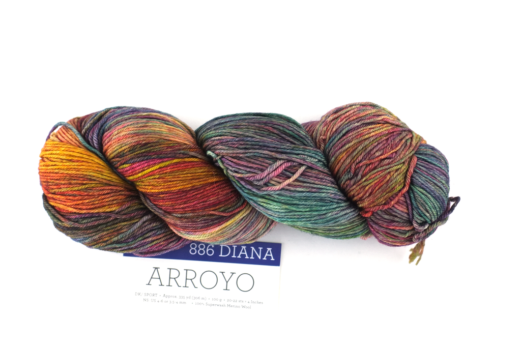 Malabrigo Arroyo in color Diana, Sport Weight Merino Wool Knitting Yarn, colorful rainbow shades, #886 from Purple Sage Yarns