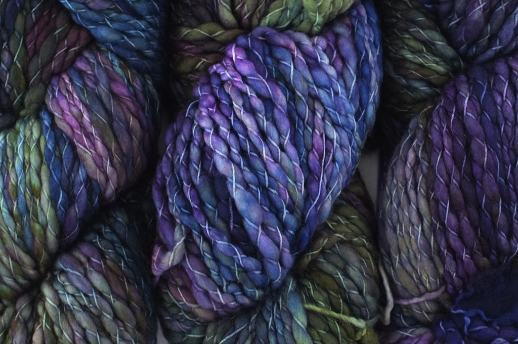 Malabrigo Caracol in color Zarzamora, #863, bulky thick and thin superwash merino knitting yarn in dark purple, olive from Purple Sage Yarns