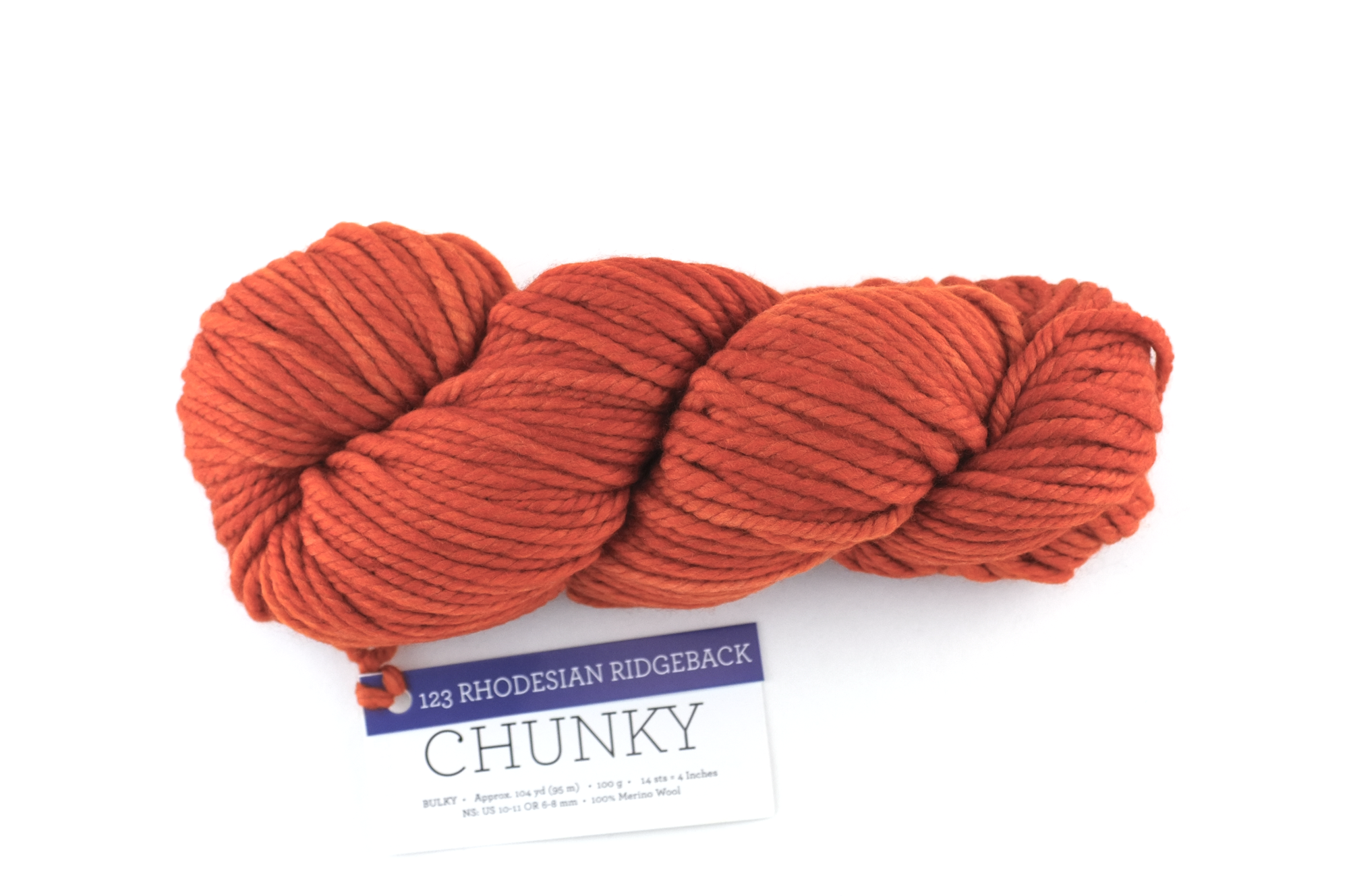 Malabrigo Chunky in color Rhodesian Ridgeback, Bulky Weight Merino Wool Knitting Yarn, deep orange-rust, #123 from Purple Sage Yarns