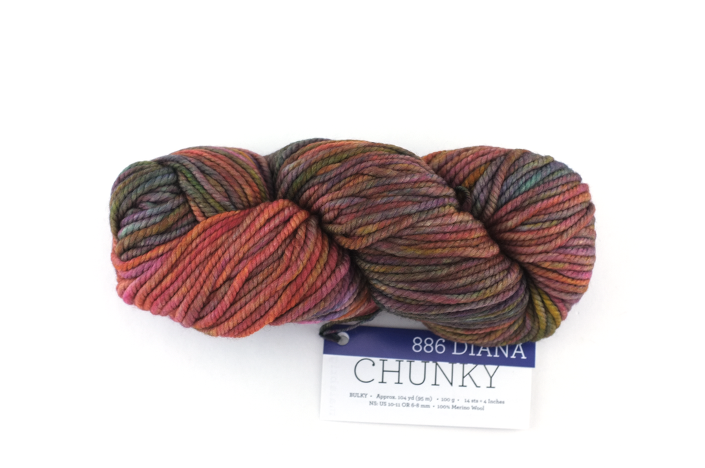 Malabrigo Chunky in color Diana, Bulky Weight Merino Wool Knitting Yarn, warm rainbow shades, #886