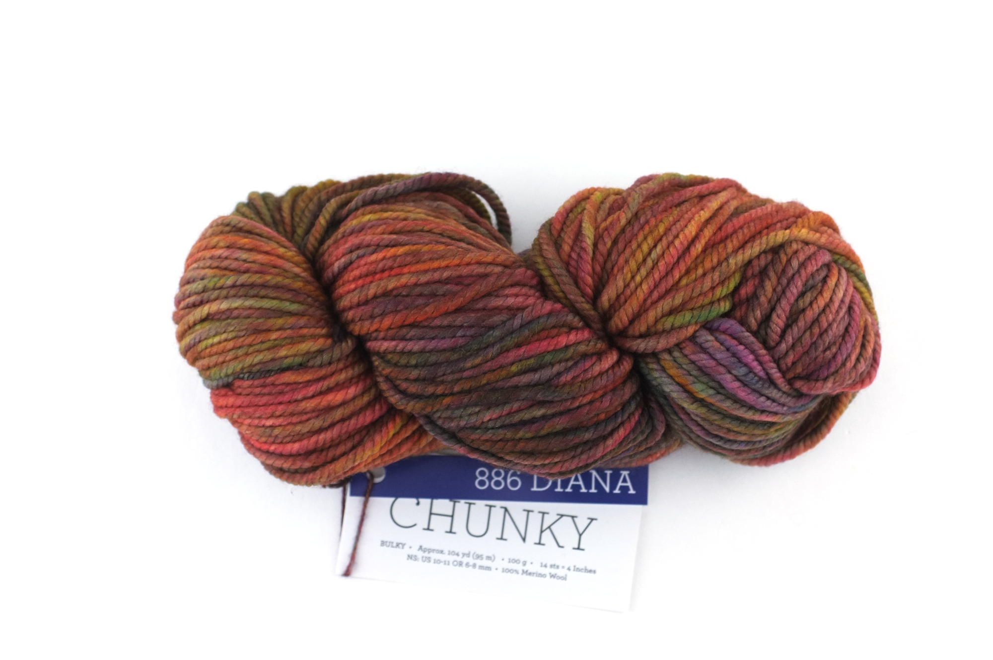 Malabrigo Chunky in color Diana, Bulky Weight Merino Wool Knitting Yarn, warm rainbow shades, #886