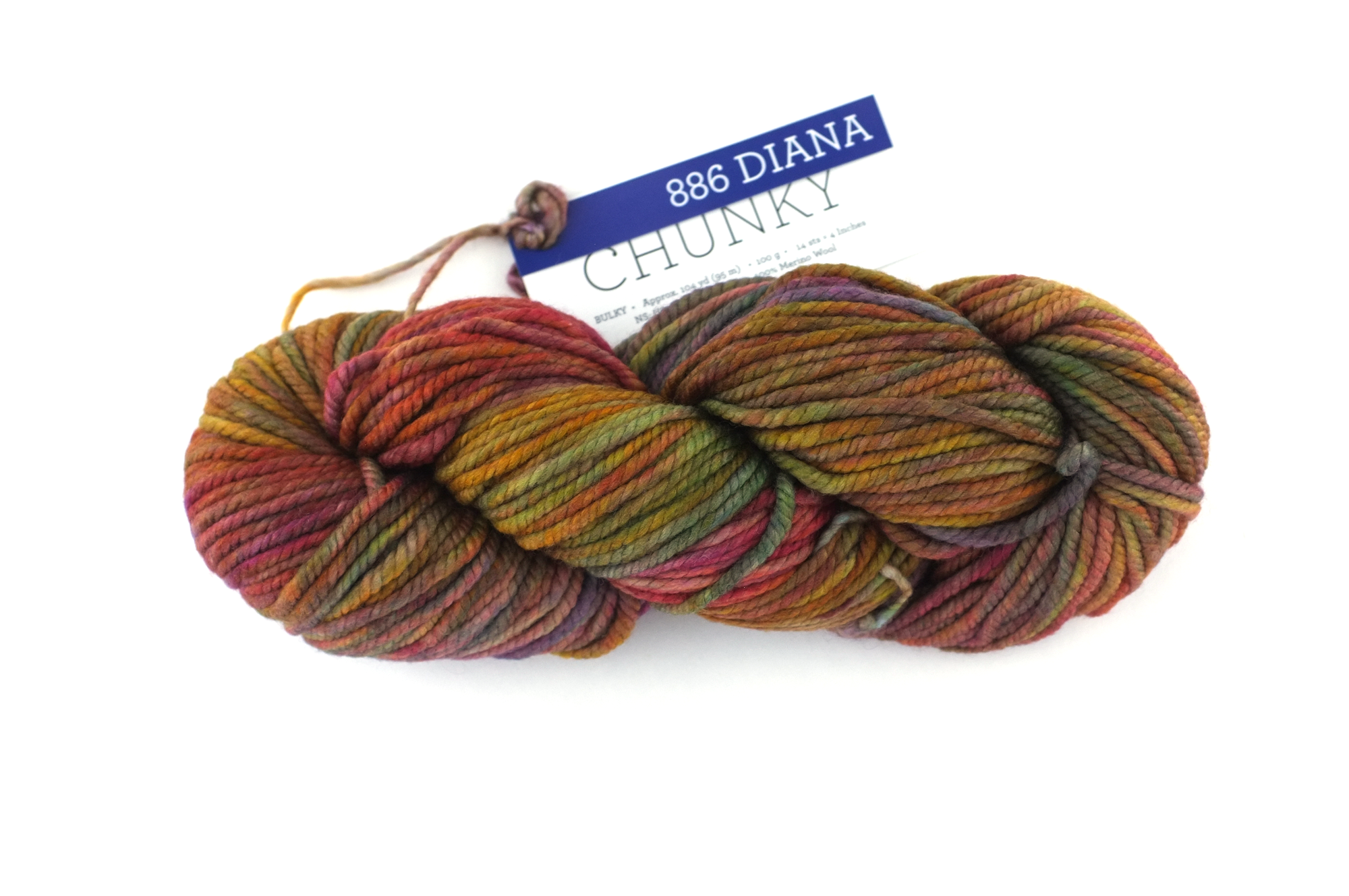 Malabrigo Chunky in color Diana, Bulky Weight Merino Wool Knitting Yarn, warm rainbow shades, #886