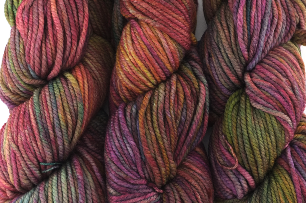 Malabrigo Chunky in color Diana, Bulky Weight Merino Wool Knitting Yarn, warm rainbow shades, #886