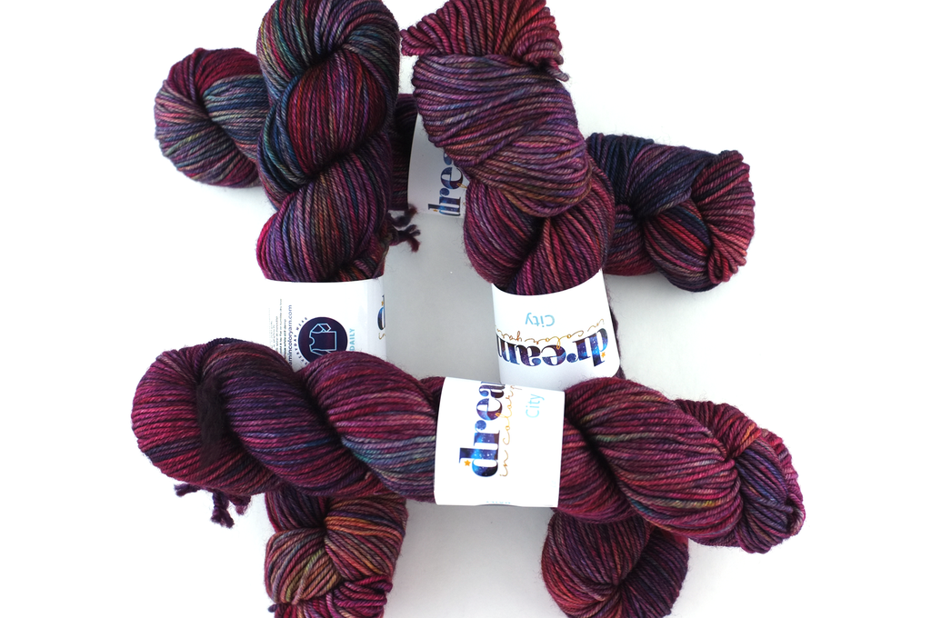 Dream in Color City in color Cabaret 901, aran weight superwash wool knitting yarn, magenta, burgundy, rainbow
