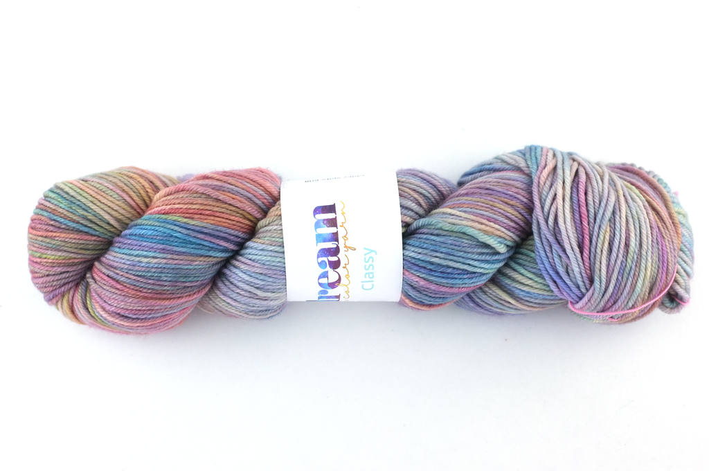 Dream in Color Classy Milky Spite 608, worsted weight superwash wool knitting yarn, pale rainbow, blues, lilac, pink